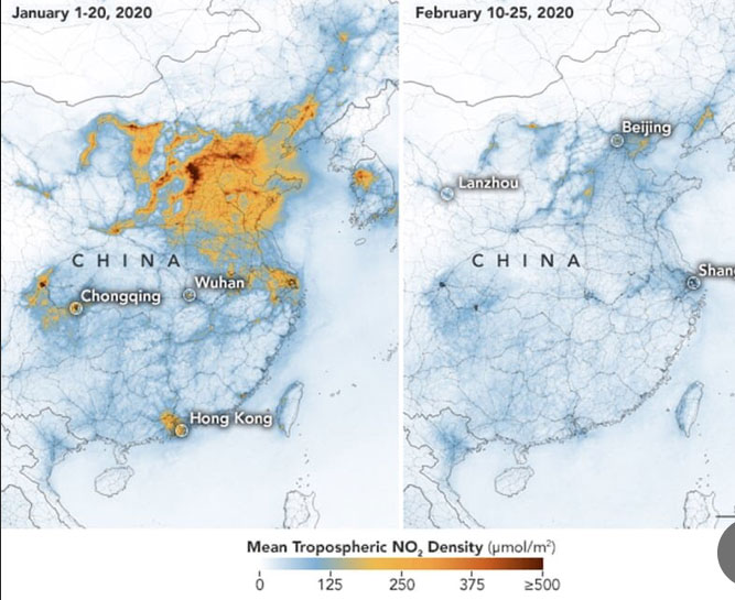 Dramatic fall in China pollution level related to Coronavirus